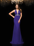 Royal Blue Chiffon Sheath/column Halter Neckline Floor-Length Dress