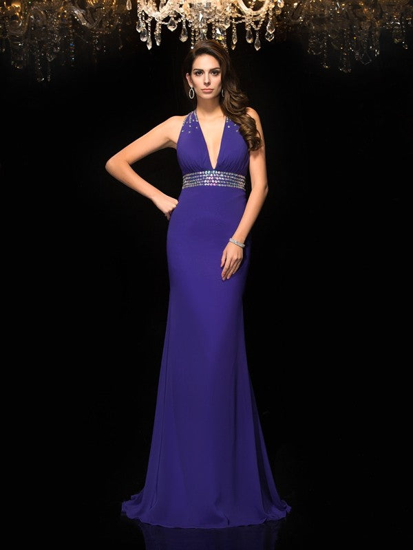 Royal Blue Chiffon Sheath/column Halter Neckline Floor-Length Dress
