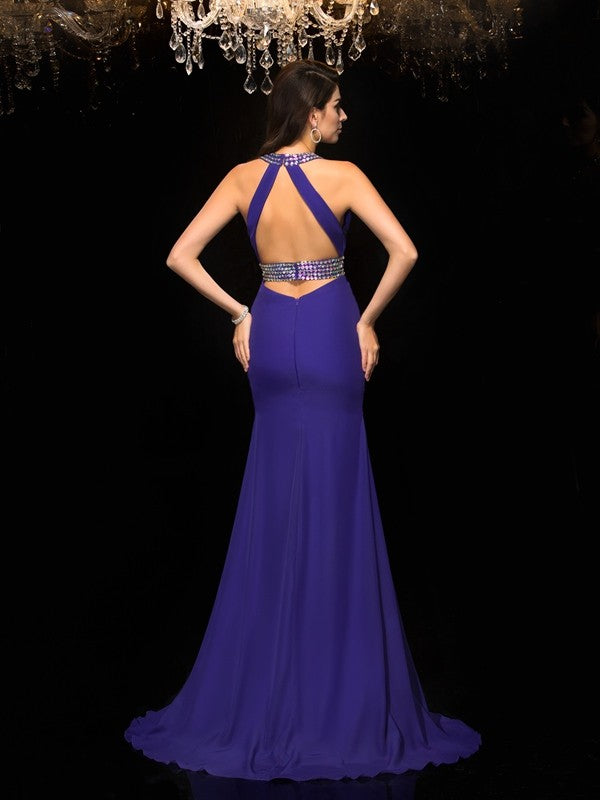 Royal Blue Chiffon Sheath/column Halter Neckline Floor-Length Dress