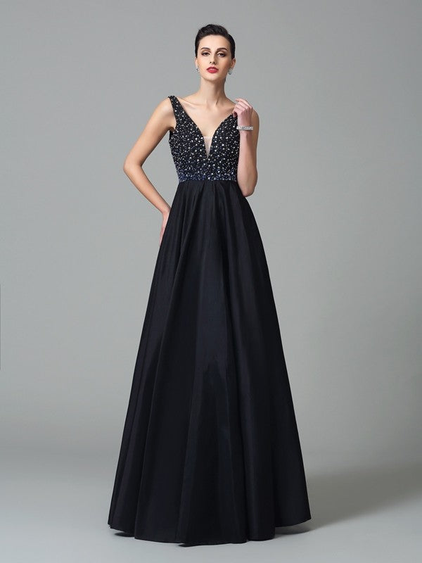 Black Sequin A-Line Floor-Length Evening Dress with V-Neck