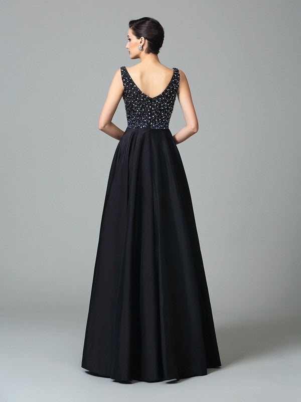 Black Sequin A-Line Floor-Length Evening Dress with V-Neck