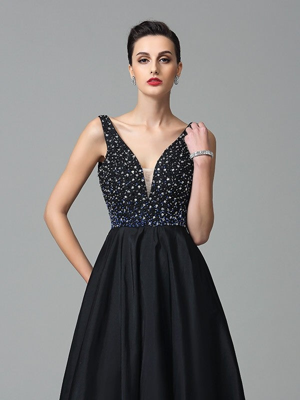 Vestidos largos de tafetán sin mangas con tirantes princesa y cuentas