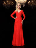 Red Chiffon A-Line Floor-Length V-Neck Evening Dress