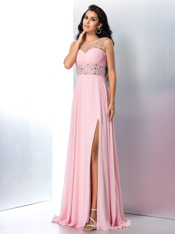 Pink Chiffon A-Line Floor-Length Evening Dress with Illusion Neckline and Beaded Waistband
