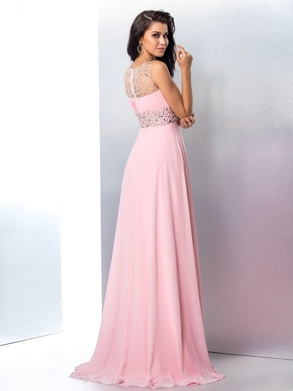 Pink Chiffon A-Line Floor-Length Evening Dress with Illusion Neckline and Beaded Waistband