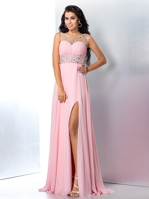 Pink Chiffon A-Line Floor-Length Evening Dress with Illusion Neckline and Beaded Waistband