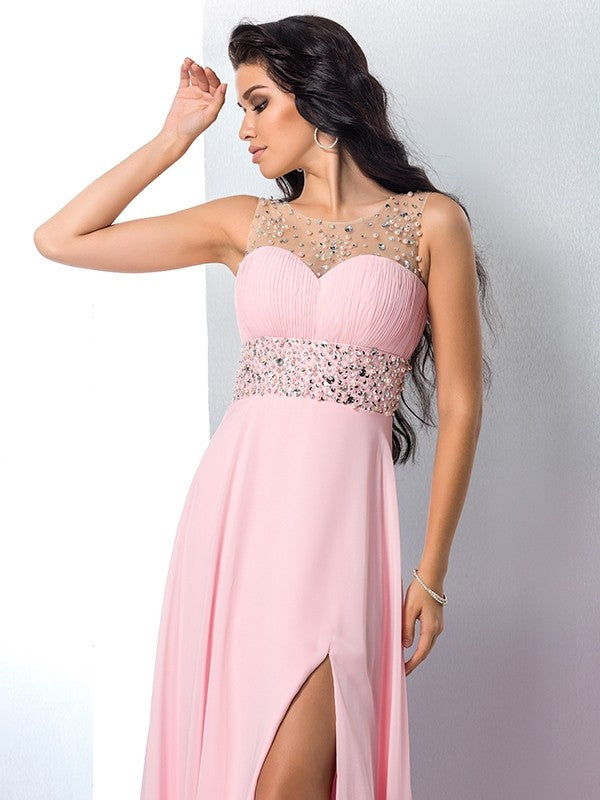 Pink Chiffon A-Line Floor-Length Evening Dress with Illusion Neckline and Beaded Waistband