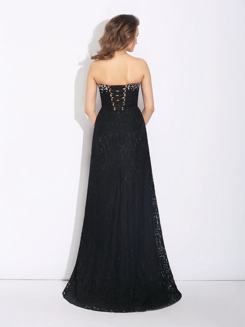 Black Lace Sweetheart Sheath/Column Floor-Length Evening Dress with High Slit