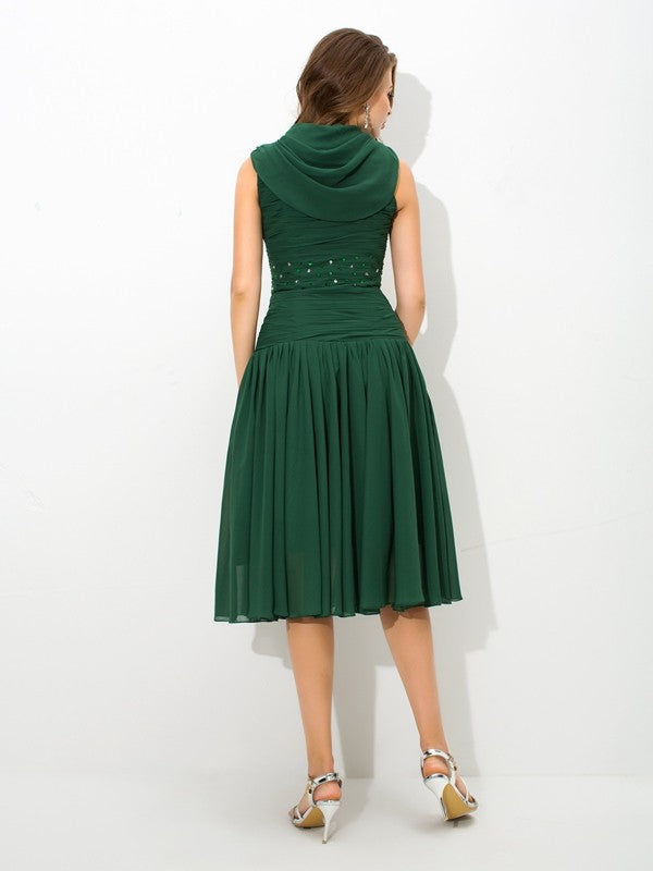 Emerald Chiffon A-Line Tea-Length Bridesmaid Dress with Draped Bodice & Rhinestone Embellishment