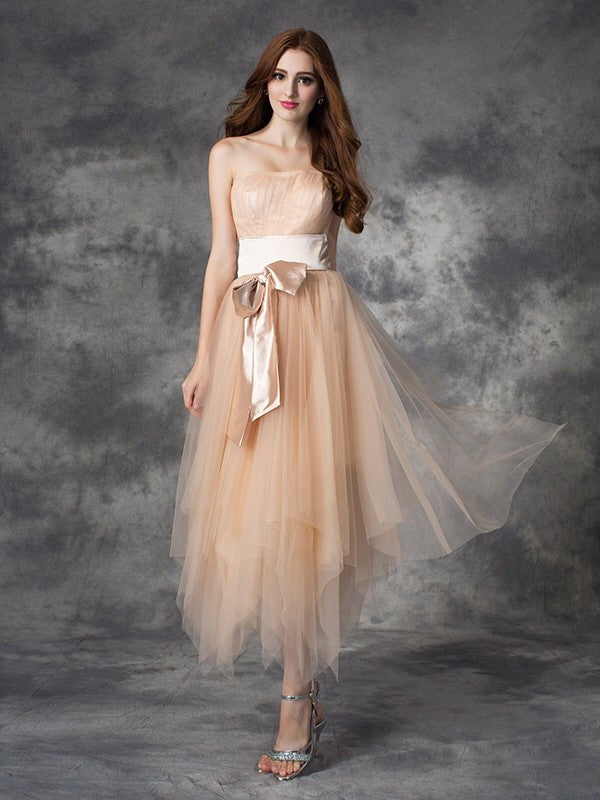 Blushing Pink Tulle A-Line Tea-Length Bridesmaid Dress with Pleated Bodice