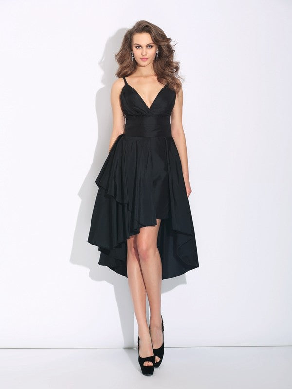 Black Satin Asymmetrical V-Neck A-Line Evening Dress