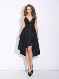 Black Satin Asymmetrical V-Neck A-Line Evening Dress