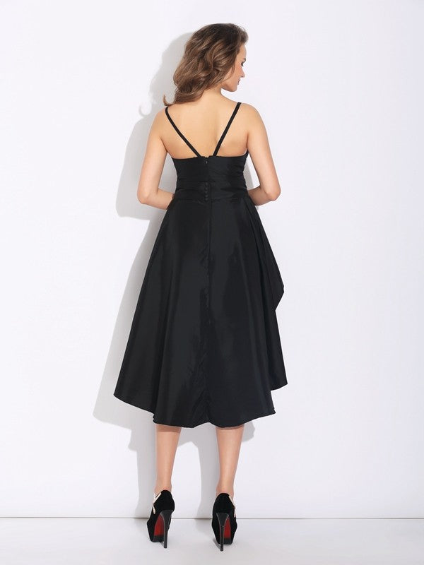 Black Satin Asymmetrical V-Neck A-Line Evening Dress