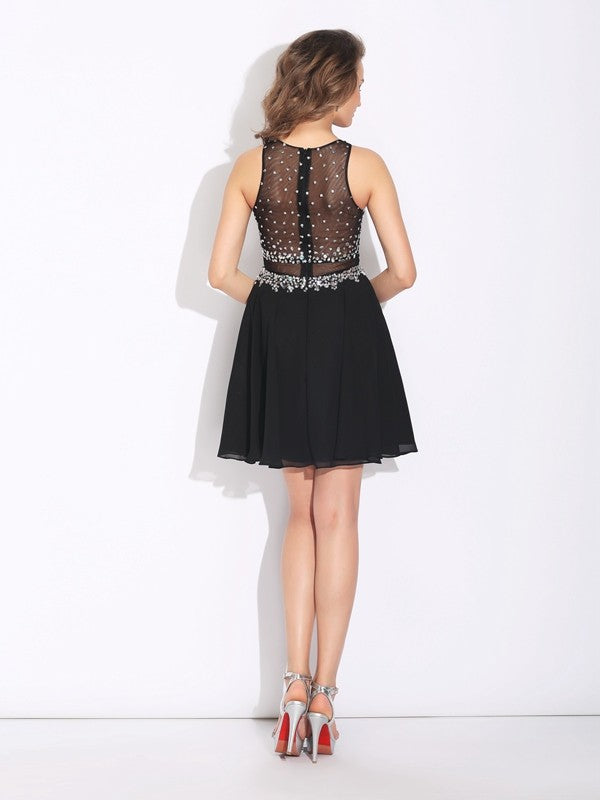 Abiti corti in chiffon senza maniche con perline gioiello/linea ad A/principessa