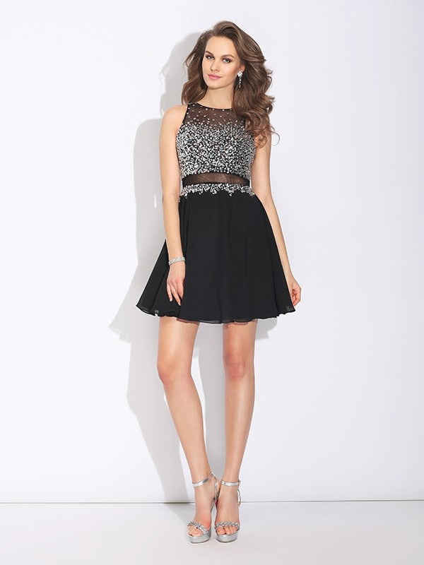 Abiti corti in chiffon senza maniche con perline gioiello/linea ad A/principessa