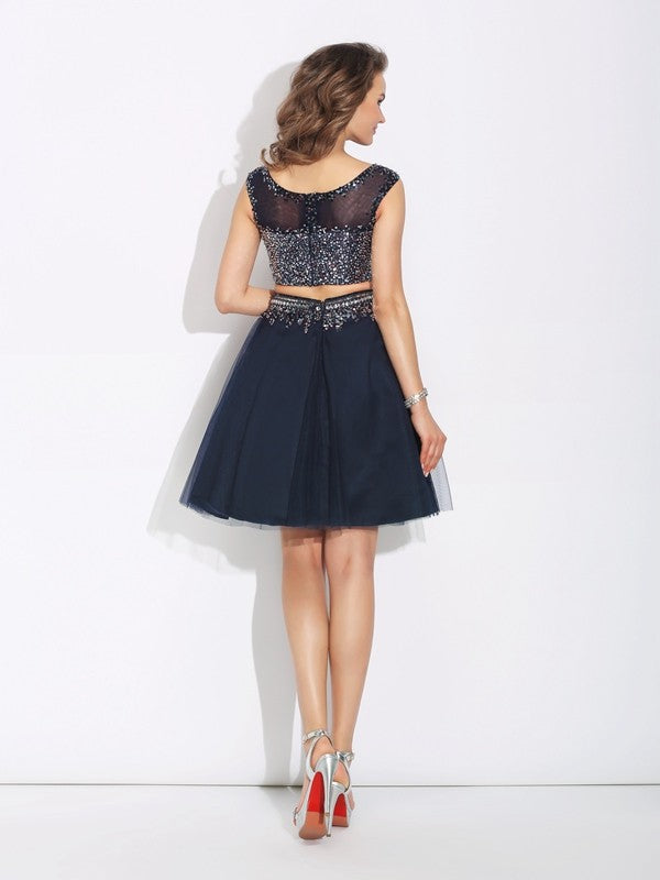 Dark Navy Sequin Tulle Boat Neck Short Dress