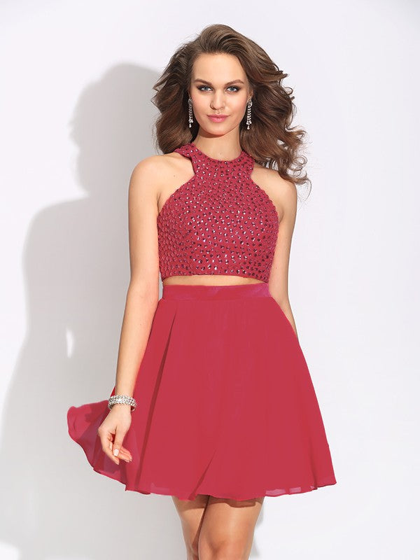 Vestido de dos piezas de gasa corto, sin mangas, corte princesa, con cristales y joya