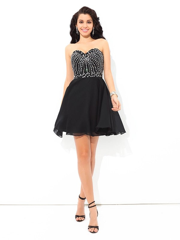 Vestidos de cóctel cortos de gasa sin mangas con escote corazón y lentejuelas, corte A/princesa