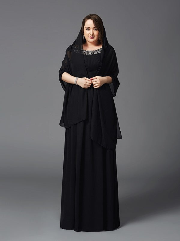 Vestidos largos de gasa sin mangas con escote en A/princesa y escote redondo con diamantes de imitación en tallas grandes