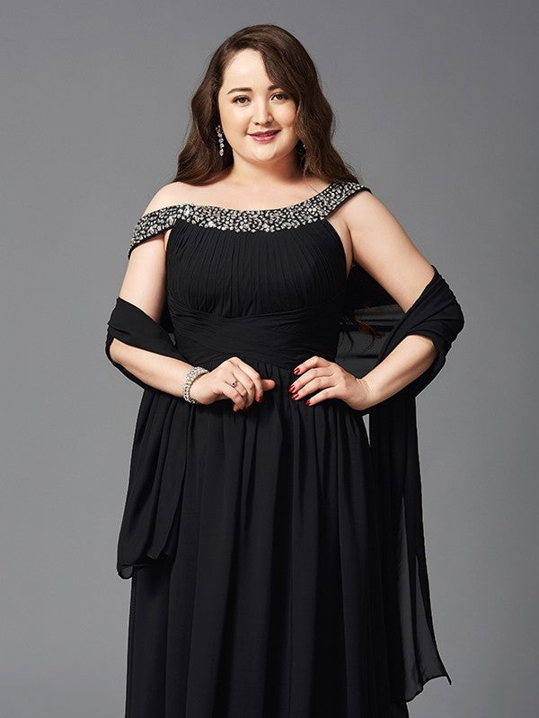 Vestidos largos de gasa sin mangas con escote en A/princesa y escote redondo con diamantes de imitación en tallas grandes