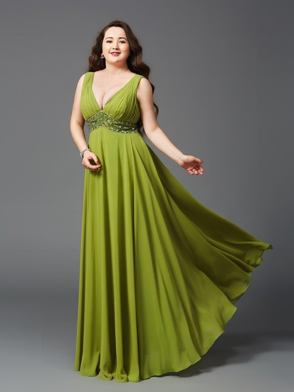 Green Chiffon V-Neck A-Line Floor-Length Dress with Beaded Waistband