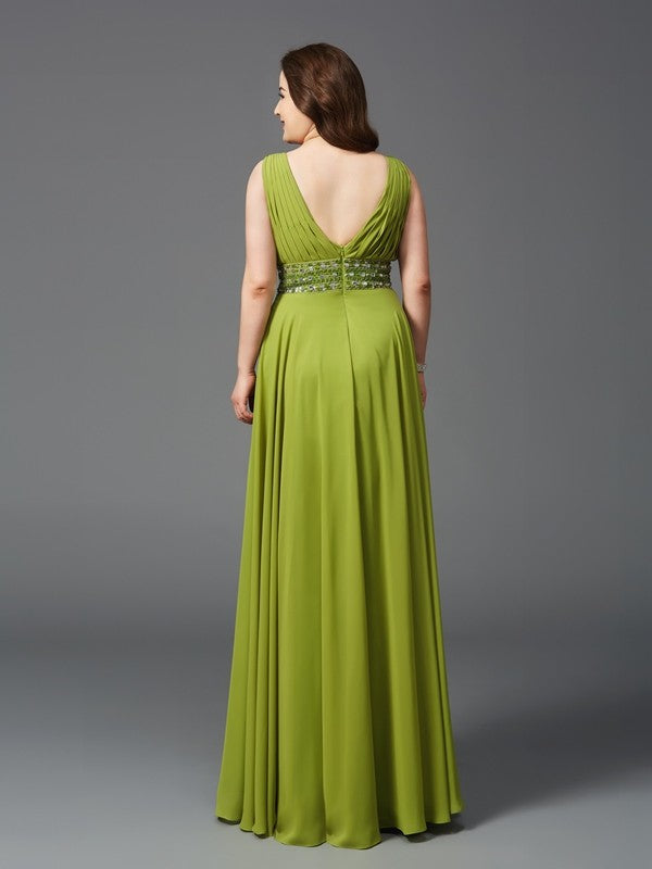 Green Chiffon V-Neck A-Line Floor-Length Dress with Beaded Waistband