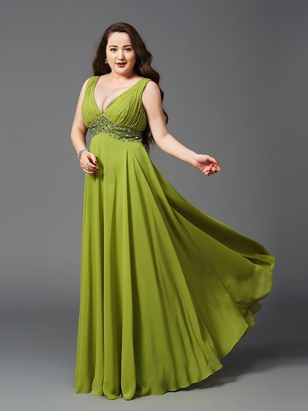 Green Chiffon V-Neck A-Line Floor-Length Dress with Beaded Waistband