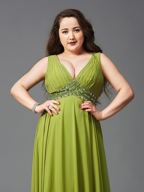 Green Chiffon V-Neck A-Line Floor-Length Dress with Beaded Waistband