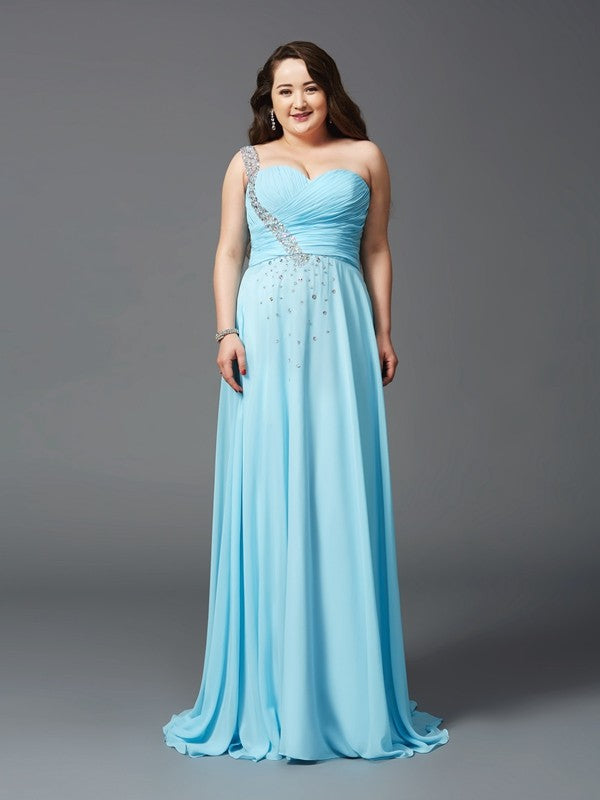 Sky Blue One Shoulder A-Line Chiffon Bridesmaid Dress with Rhinestone Embellishment