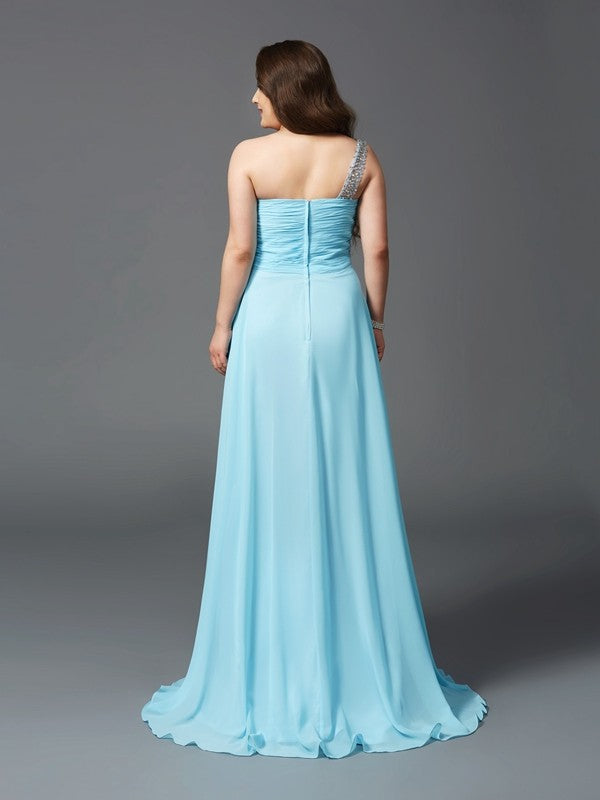 Sky Blue One Shoulder A-Line Chiffon Bridesmaid Dress with Rhinestone Embellishment