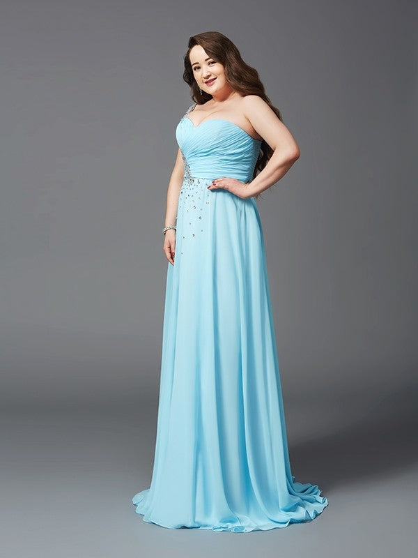 A-Line/Princess One-Shoulder Rhinestone Sleeveless Long Chiffon Plus Size Dresses