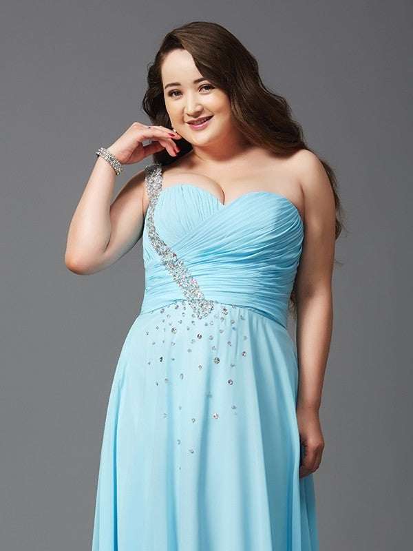 A-Line/Princess One-Shoulder Rhinestone Sleeveless Long Chiffon Plus Size Dresses