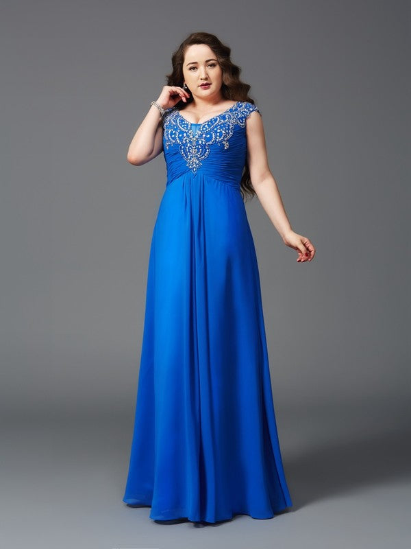 Royal Blue Chiffon A-Line Floor-Length Dress with V-Neck and Embellished Ruched Bodice