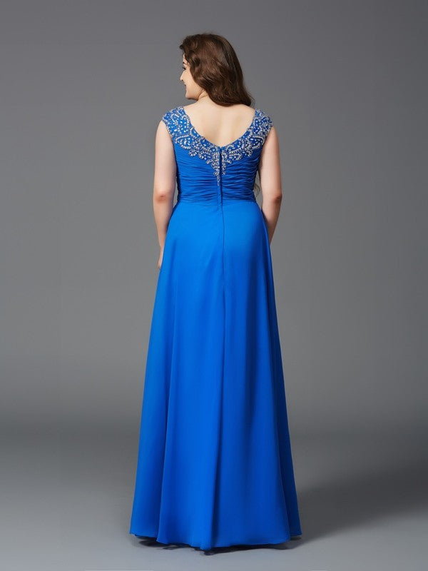 Royal Blue Chiffon A-Line Floor-Length Dress with V-Neck and Embellished Ruched Bodice