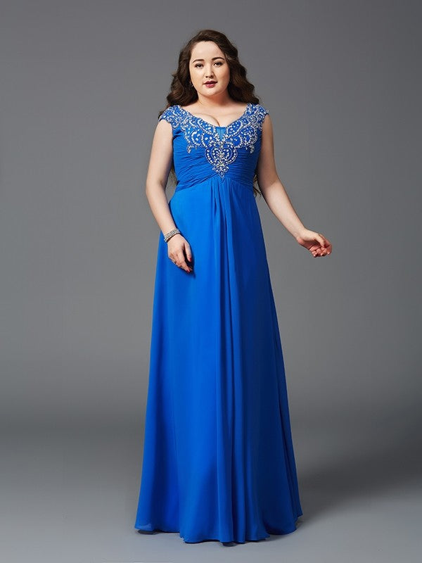 Royal Blue Chiffon A-Line Floor-Length Dress with V-Neck and Embellished Ruched Bodice