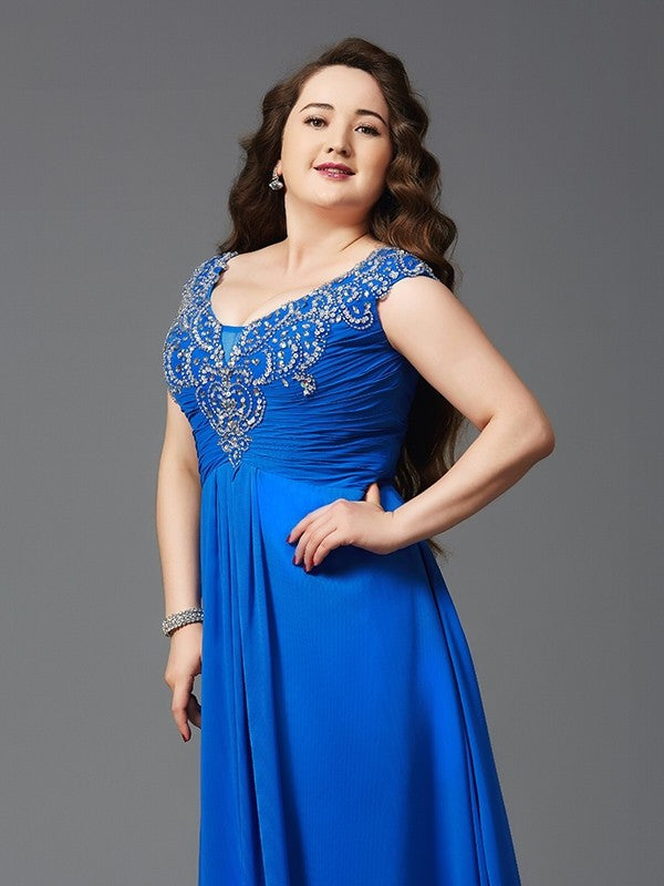 Royal Blue Chiffon A-Line Floor-Length Dress with V-Neck and Embellished Ruched Bodice