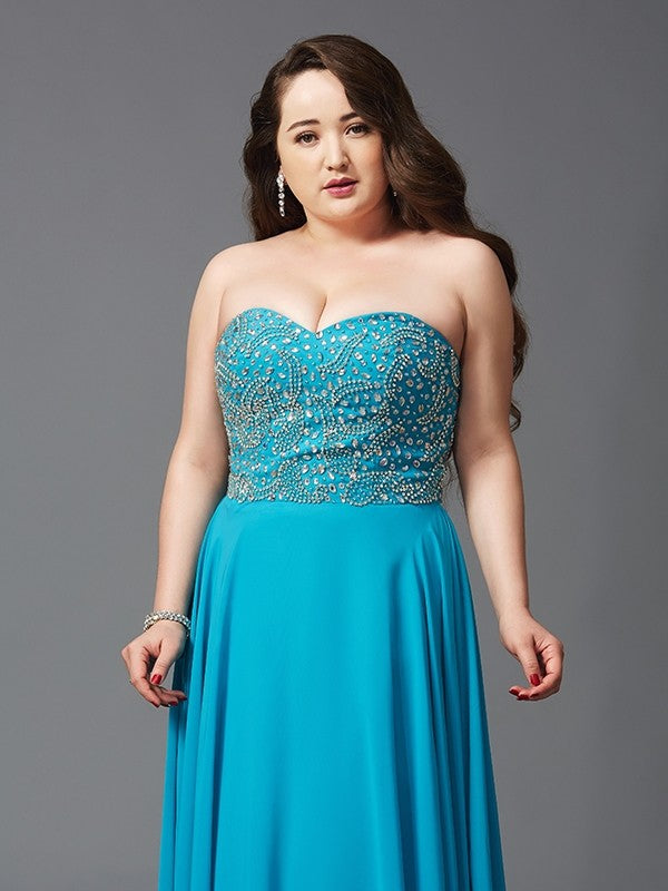 A-Line/Princess Sweetheart Beading Sleeveless Long Chiffon Plus Size Dresses