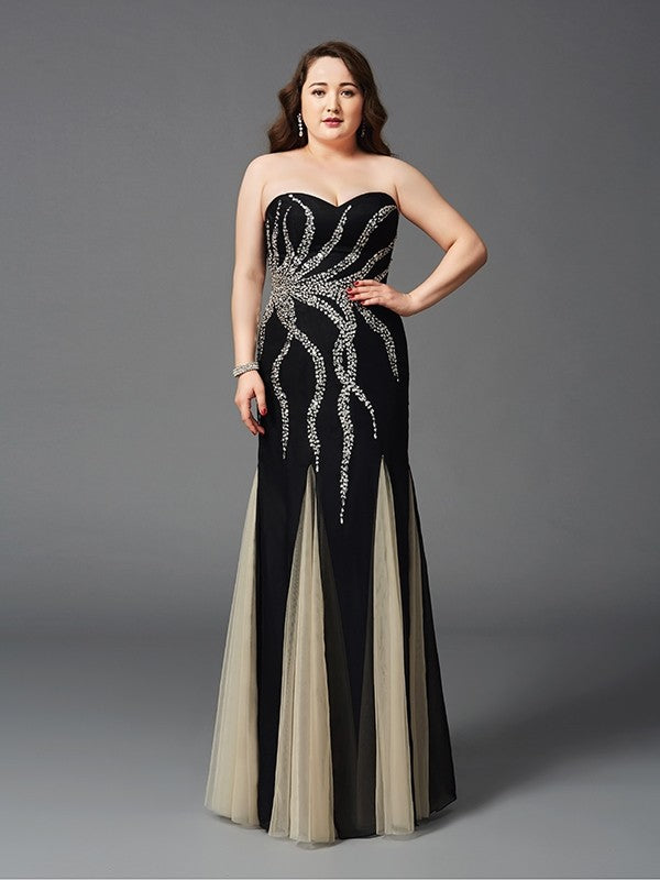 Sheath/Column Sweetheart Beading Sleeveless Long Chiffon Plus Size Dresses