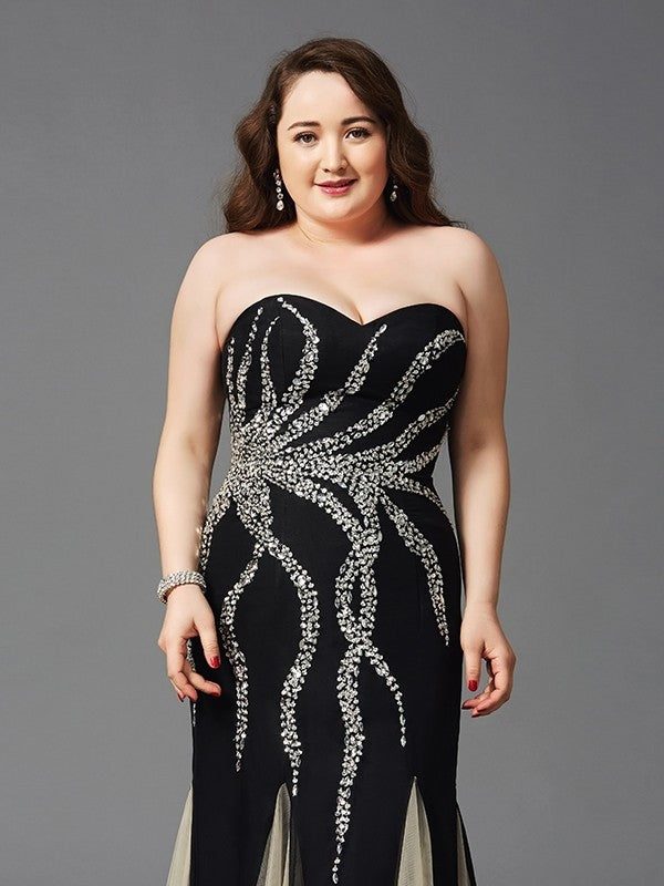 Sheath/Column Sweetheart Beading Sleeveless Long Chiffon Plus Size Dresses