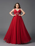 Red Chiffon A-Line Floor-Length Evening Dress with V-Neck and Ruched Bodice