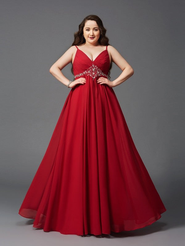Red Chiffon A-Line Floor-Length Evening Dress with V-Neck and Ruched Bodice