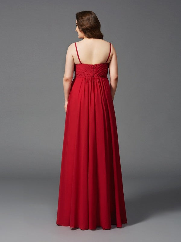Red Chiffon A-Line Floor-Length Evening Dress with V-Neck and Ruched Bodice
