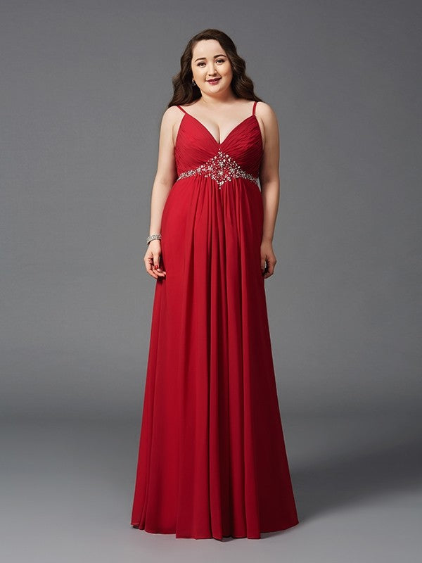 Red Chiffon A-Line Floor-Length Evening Dress with V-Neck and Ruched Bodice