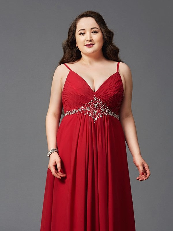 Red Chiffon A-Line Floor-Length Evening Dress with V-Neck and Ruched Bodice
