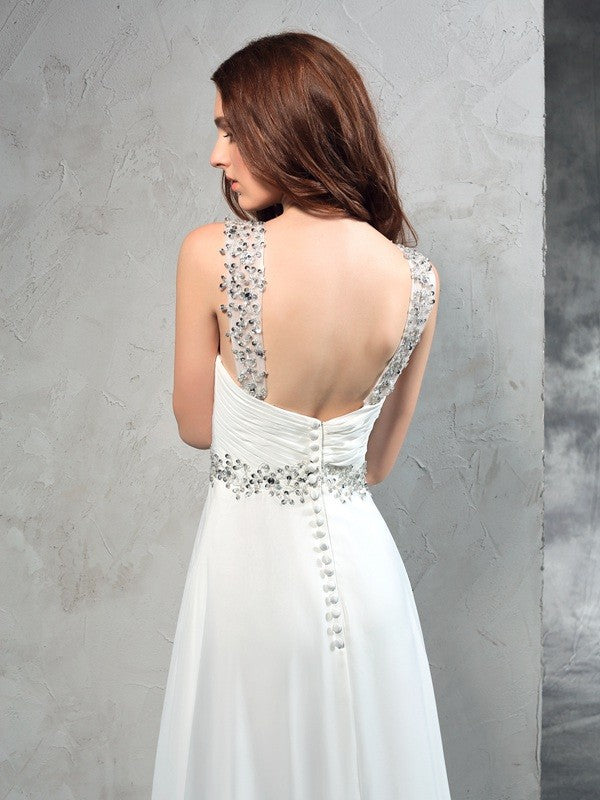 Vestidos de novia largos de gasa sin mangas, corte princesa, escote corazón, pliegues