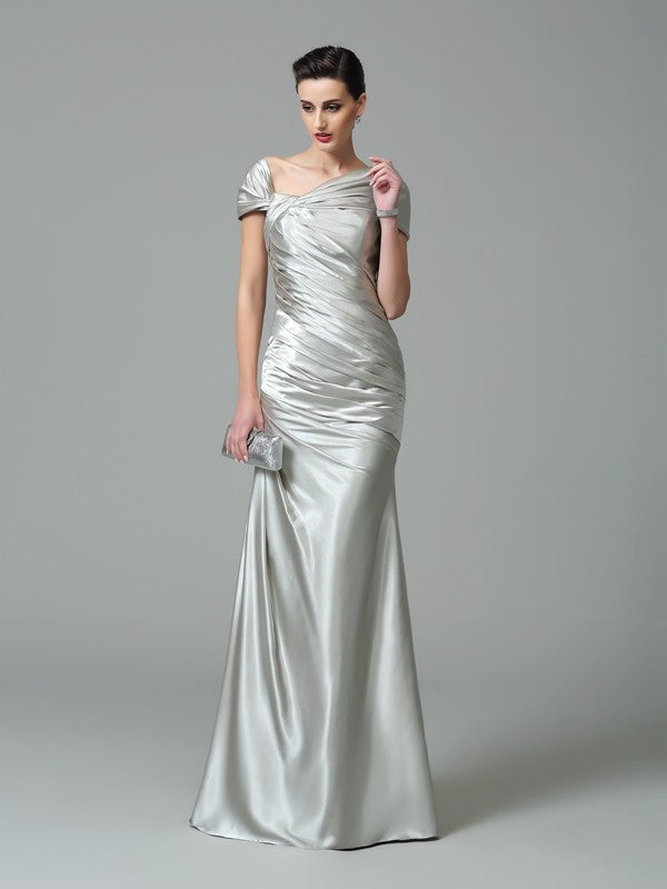 Sage Green Satin Sheath/column Floor-Length Evening Dress with Draped Bodice
