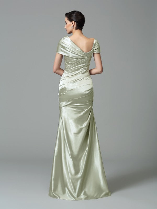 Sage Green Satin Sheath/column Floor-Length Evening Dress with Draped Bodice