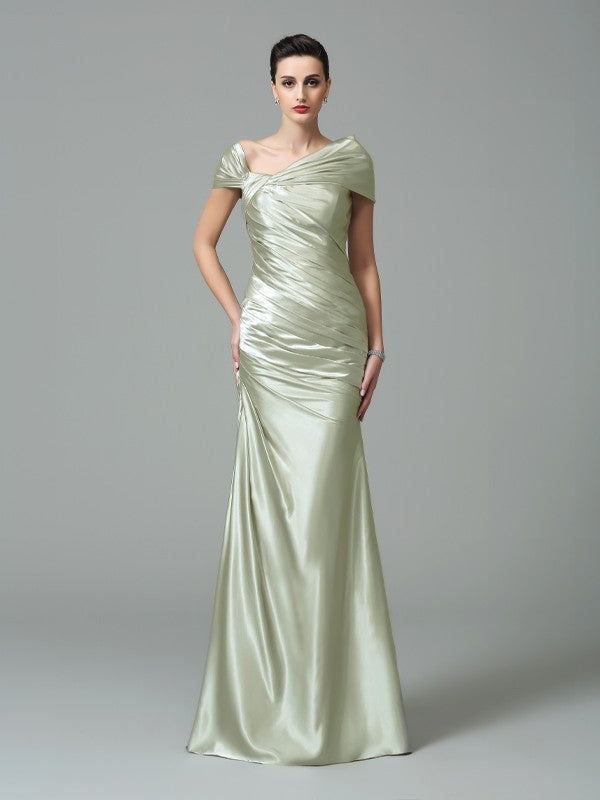 Sage Green Satin Sheath/column Floor-Length Evening Dress with Draped Bodice