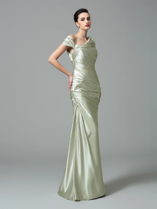 Sage Green Satin Sheath/column Floor-Length Evening Dress with Draped Bodice