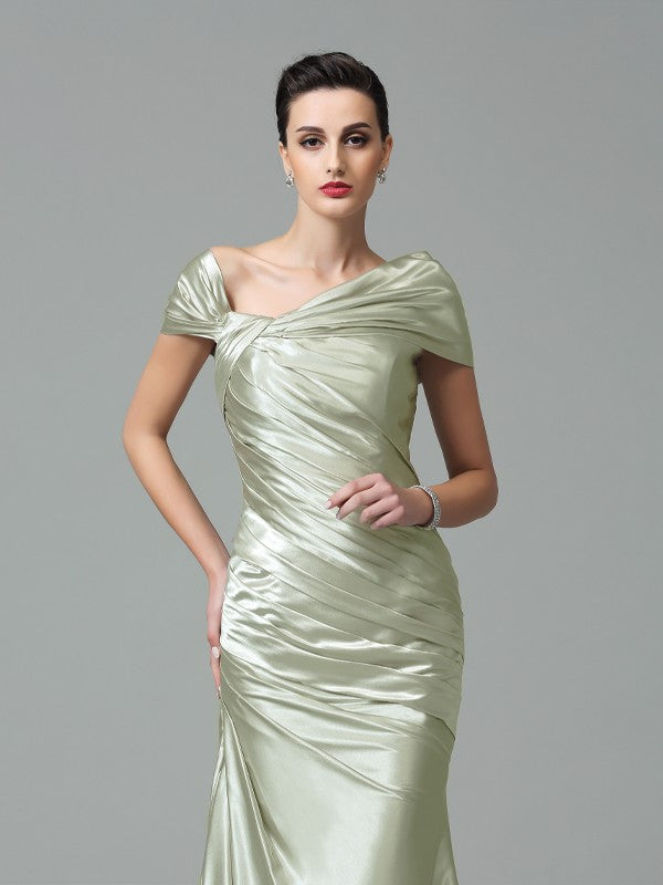 Sage Green Satin Sheath/column Floor-Length Evening Dress with Draped Bodice